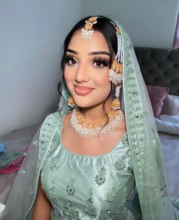 Gold-Plated Kundan Bridal Jewelry Set, White Beads, Jhumka Earrings Gold-Plated Kundan Bridal Jewelry Set, White Beads, Jhumka Earrings