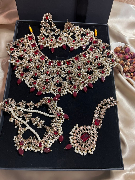 4pcs Indian pakistani Bridal Jewelry Set W Red and Peach Stones choker Necklace Jhumka Earrings Maang Tikka Jhoomar Kundan Jewelry Etsy UK
