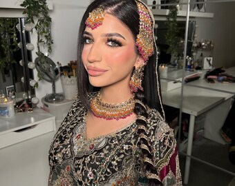 24k Gold plated 4pcs mehndi bride Indian/Pakistani Bridal Choker Jewelry Set for Wedding (Necklace, Maang Tikka, Jhumka Earrings, Jhoomar)