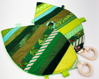 Leaf-Shaped Sensory Taggie Toy with Wooden Teething Ring, Lovey toy,  Baby Gift, Travel-Friendly, Handcrafted in Colorado