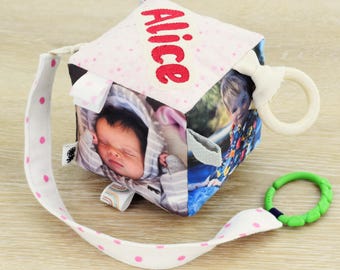 5” Personalized Photo Block – Custom Soft Sensory Toy – Family Fabric Cube – Up to 6 Photos