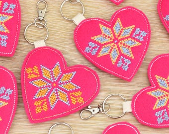 Embroidered Heart Keychains – Unique Party Favors – Ukrainian Cross Stitch Accessory – 10 Colors – 2 Designs