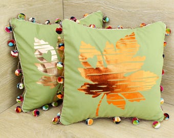 Green Throw Pillows Duo – 14x14” – Metallic Leaf Print – Pom Pom Edges – Handcrafted Cushion Covers or With Inserts