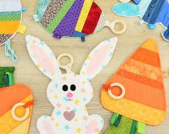 Easter Baby Loveys – Bunny, Carrot, Egg – Handmade Sensory Toy – Cozy Teething Buddy – Optional Personalization