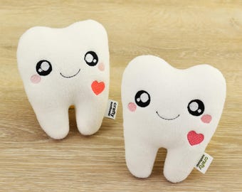 Tooth Plush Toy – Handmade Tooth Fairy Pillow – Soft Fleece Embroidered Stuffie – Kids Dentist Gift