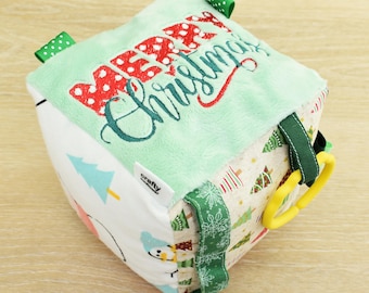 Christmas Fabric Baby Block – Embroidered Activity Sensory Cube – Handmade with Personalization