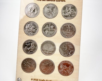 12 Quarters – Matching Coin Challenge – Original Wooden Puzzle – Real U.S. Quarters – Easy Difficulty