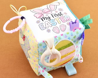 Easter Fabric Baby Block – Embroidered Activity Sensory Cube – Handmade with Personalization