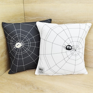 Set of 2 Spider Web Pillows | Black & White Throw Pillows with Cute Spiders | Halloween and Gothic Home Decor | Handcrafted in Colorado