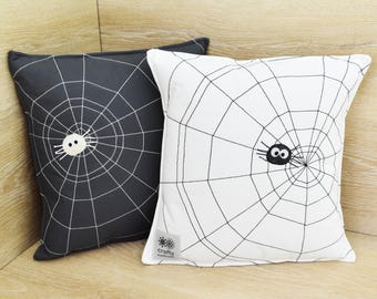 Set of 2 Spider Web Pillows – Black & White Throw Pillows with Cute Spiders – Halloween and Gothic Home Decor – Handcrafted in Colorado