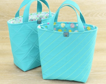 Easter Tote Bag – Quilted Cotton Basket with Festive Lining – Handmade Egg Hunt Bag – 2 Designs