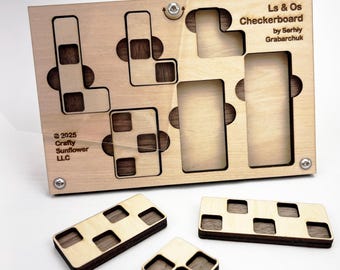 Ls & Os Checkerboard Puzzle – Original Design – Handcrafted Wooden Brain Teaser – Multiple Challenges – Medium Difficulty