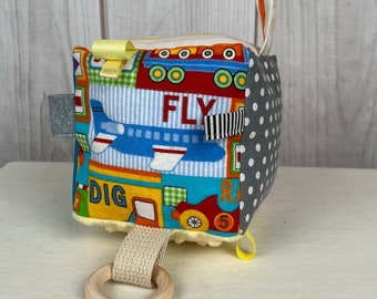 Sensory baby block, transportation theme, different fabrics, Activity fabric cube, Great baby developmental toy, Unique and memorable gift