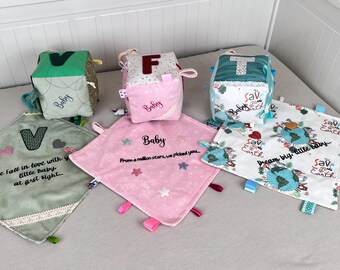 Gift set of the custom soft sensory baby block + lovey blanket/pacifier holder