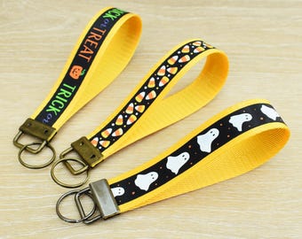 Halloween Wristlet Keychains – Trick or Treat, Candy Corn & Ghost Designs – Handmade Key Fobs, Fall Accessories, Gift Idea