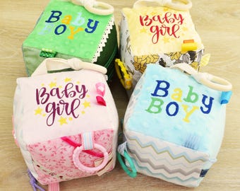 Baby Girl & Baby Boy Blocks – Sensory Cubes – Soft Activity Toy – Embroidery, Handmade – Personalization