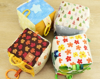 4 Seasons Baby Blocks – Sensory Cubes with Ribbons & C-Rings – Handmade Rattle Activity Fabric Toys