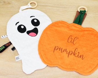 Ghost & Pumpkin Loveys – Cute Sensory Taggie Toys with Wooden Teething Rings – Halloween Special – Travel-Friendly Baby Gifts