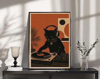 Czarny kot DJ Drukuj Sztuka Vintage Muzyka Pokój Dekoracja Ścienna Retro Gramofon Plakat Prezent Miłośnika Muzyki Sztuka Ścienna Mid Century Miłośnik Muzyki Wystrój Domu
