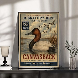 May include: A framed poster featuring a U.S. Department of the Interior Migratory Bird Hunting Stamp design. It displays a canvasback duck on water, flying ducks, and text including $25, Canvasback, A Waterfowl Legacy, and Conserve Protect Preserve.