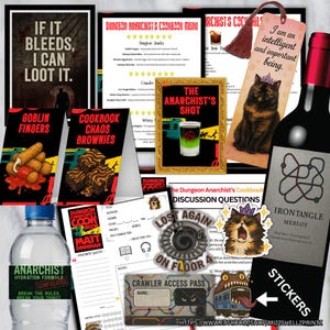 Puede incluir: Una colección de productos temáticos con el texto "If it bleeds, I can loot it". Incluye un menú, tarjetas de recetas, un marcapáginas con un gato, pegatinas, una botella de agua y una botella de vino Merlot. El tema es una mazmorra y la anarquía.