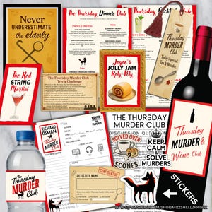Puede incluir: Una colección de artículos temáticos para un evento del "Thursday Murder Club", que incluye una botella de vino, pegatinas, tarjetas de trivia y un marcapáginas. Los artículos presentan texto e ilustraciones relacionadas con el tema, con una combinación de colores rojo y negro.