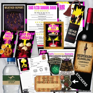 May include: A selection of themed party supplies and stickers. Includes a wine bottle, bookmarks, food menus, and stickers with phrases like "Loot or Die" and "Desperado Bloodline Cabernet".
