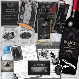 May include: A collection of printable party supplies for a Harry Potter themed party. The items include a cocktail menu, a discussion guide, a book review sheet, a name tag, a bottle of wine, a bottle of water, and a set of stickers. The items are all black and white with a gothic design.