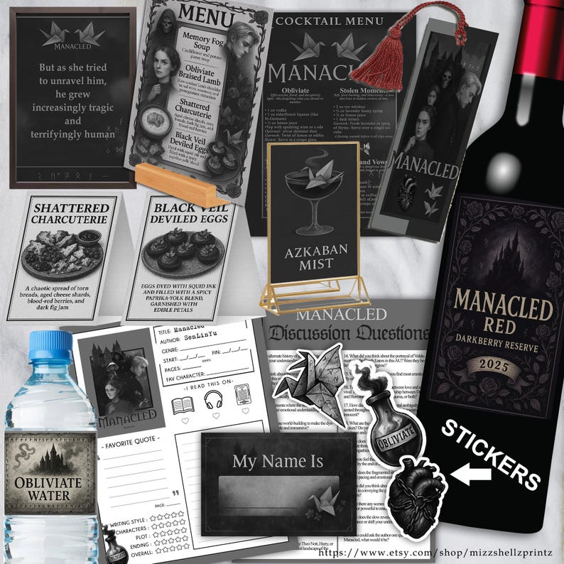 May include: A collection of printable party supplies for a Harry Potter themed party. The items include a cocktail menu, a discussion guide, a book review sheet, a name tag, a bottle of wine, a bottle of water, and a set of stickers. The items are all black and white with a gothic design.
