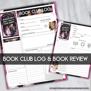 May include: Two pink and white book club log sheets with the text "Book Club Log & Book Review". The sheets include sections for club details, discussion notes, and book reviews. The book cover art features a couple in formal attire.