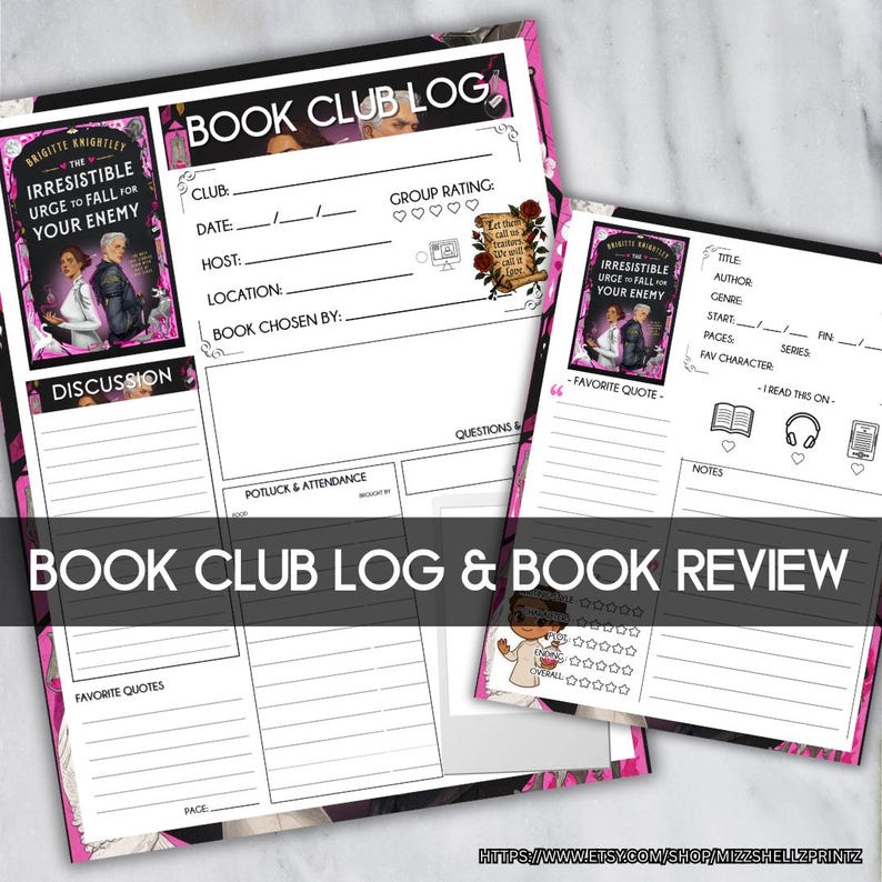 May include: Two pink and white book club log sheets with the text "Book Club Log & Book Review". The sheets include sections for club details, discussion notes, and book reviews. The book cover art features a couple in formal attire.