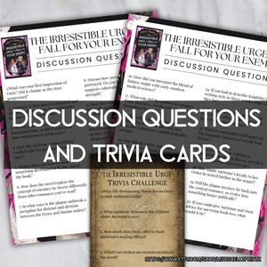 May include: Cards with discussion questions and trivia challenges for "The Irresistible Urge" novel. The cards feature the book cover art and are designed for book club discussions. The text includes questions and trivia prompts.