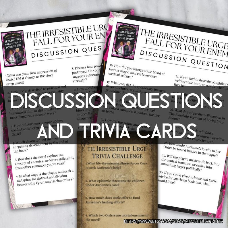 May include: Cards with discussion questions and trivia challenges for "The Irresistible Urge" novel. The cards feature the book cover art and are designed for book club discussions. The text includes questions and trivia prompts.
