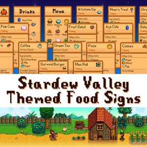 Pu&ograve; includere: Un'illustrazione digitale di cartelli di cibo a tema Stardew Valley. I cartelli sono pixelati e presentano vari cibi del gioco, come torta rosa, insalata di frutta, caff&egrave;, t&egrave; verde e pizza. I cartelli sono posizionati su uno sfondo di scena di fattoria con una fattoria, una recinzione e un campo di girasoli.