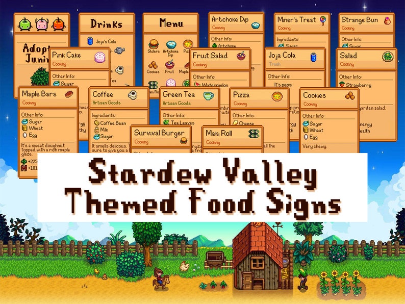 Pu&ograve; includere: Un'illustrazione digitale di cartelli di cibo a tema Stardew Valley. I cartelli sono pixelati e presentano vari cibi del gioco, come torta rosa, insalata di frutta, caff&egrave;, t&egrave; verde e pizza. I cartelli sono posizionati su uno sfondo di scena di fattoria con una fattoria, una recinzione e un campo di girasoli.
