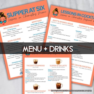 May include: A set of orange and white menu and drink recipe cards with the text "Supper at Six" and "Lessons in Chemistry." The cards feature drink and food recipes, including cocktails and espresso drinks. The text "Menu + Drinks" is also present.