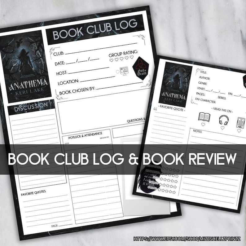 May include: Two black and white book club log and book review sheets. The larger sheet is labeled "Book Club Log" and includes fields for club details, date, host, and book information. The smaller sheet is labeled "Book Review" with fields for title, author, and notes.