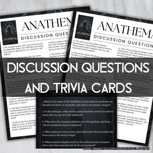 May include: Two printed discussion questions and trivia cards with the title "Anathem" and "The Red God's Questions". The cards have a black and white design with text about a book. The Etsy shop URL is visible at the bottom.