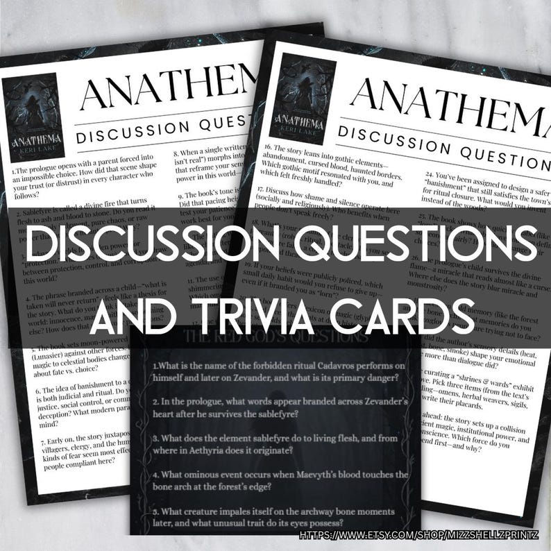 May include: Two printed discussion questions and trivia cards with the title "Anathem" and "The Red God's Questions". The cards have a black and white design with text about a book. The Etsy shop URL is visible at the bottom.