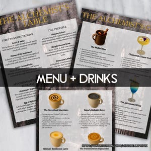 Pu&ograve; includere: Un menu e una lista di bevande a tema fantasy. Il menu presenta piatti come "Bread & Ashes" e "Slaughterhouse Roast". Le bevande includono "The Mulled Pact" e "The Necrothrall Macchiato". Il testo "MENU + DRINKS" &egrave; al centro.