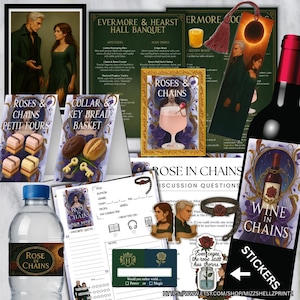 May include: A collection of fantasy-themed merchandise featuring the text "Roses & Chains" and "Wine in Chains." Items include a bookmark, stickers, a water bottle label, and a menu. The color palette includes gold, green, and purple.