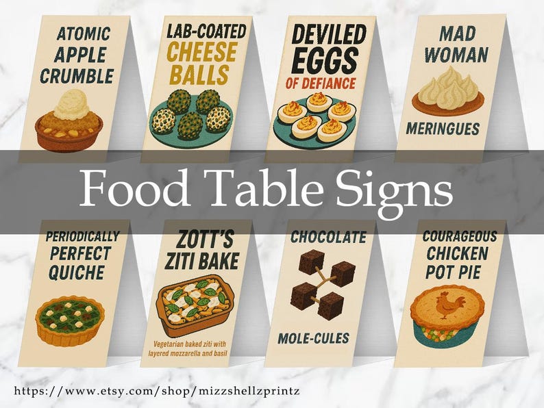 May include: A collection of eight food table signs with humorous names and illustrations. Each sign features a different dish, such as "Atomic Apple Crumble" and "Deviled Eggs of Defiance," with a playful font and design.