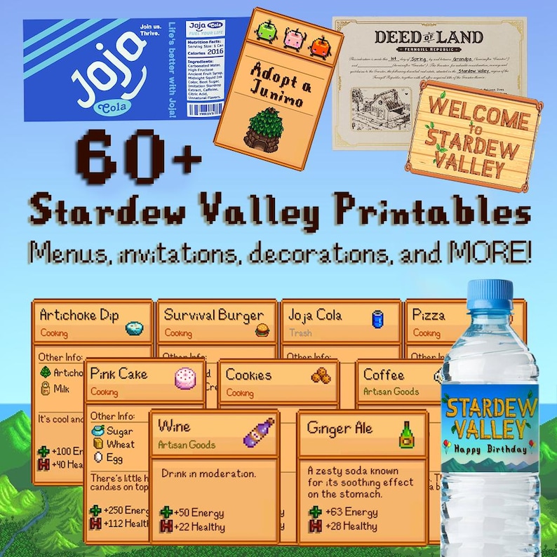 Pu&ograve; includere: Una collezione di decorazioni per feste a tema Stardew Valley stampabili. Le stampe includono menu, inviti e decorazioni. L'immagine mostra una variet&agrave; di articoli, tra cui una lattina di Joja Cola, una torta rosa, una bottiglia di vino e una bottiglia di Ginger Ale. Il testo "60+ Stardew Valley Printables" &egrave; visualizzato in grandi caratteri grassetto nella parte superiore dell'immagine.
