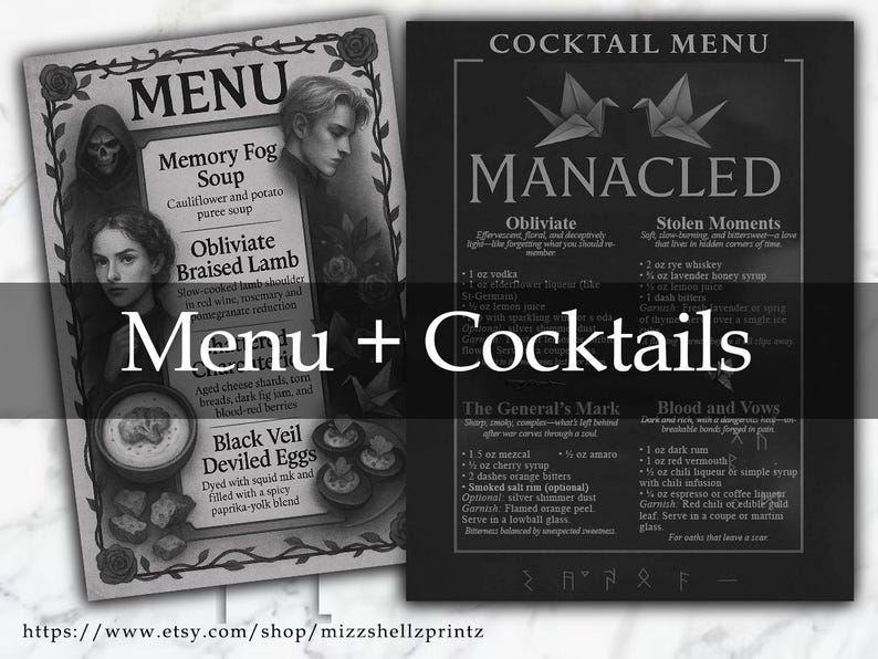 May include: A black and white printable menu with a gothic theme. The menu features a variety of food and drink options, including Memory Fog Soup, Obliviate Braised Lamb, Black Veil Deviled Eggs, and cocktails such as Obliviate, Stolen Moments, The General's Mark, and Blood and Vows. The menu is decorated with floral and skull imagery.
