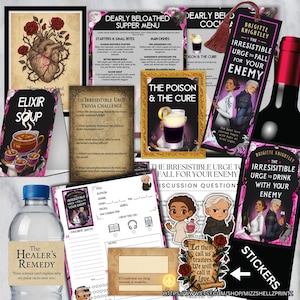 May include: A collection of fantasy-themed items, including a framed heart illustration with roses, bookmarks, a bottle of wine, and stickers. The items feature text like "Elixir Soup," "The Poison & The Cure," and "The Irresistible Urge to Fall for Your Enemy."