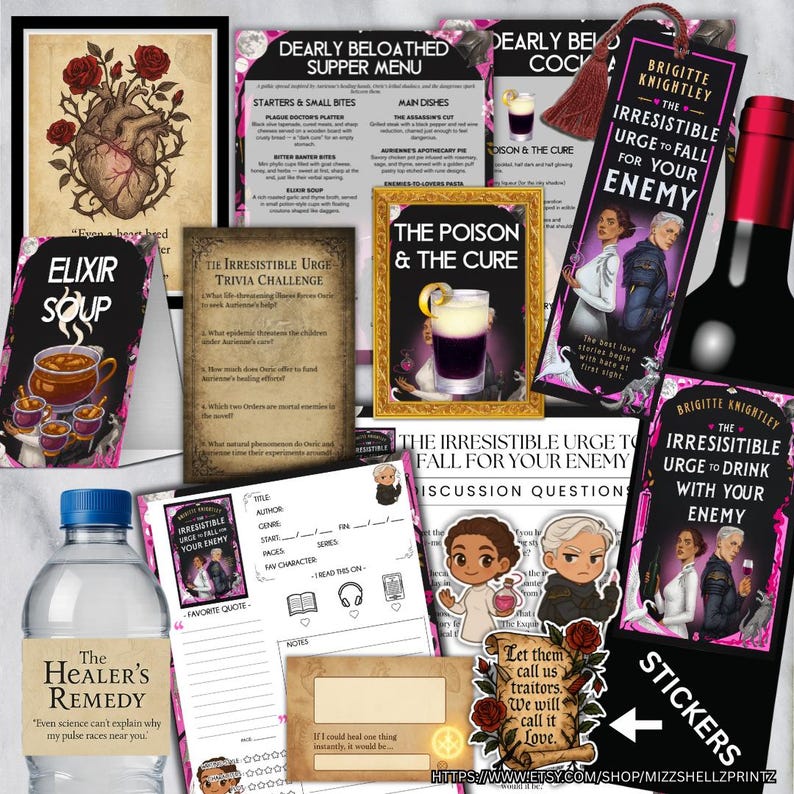 May include: A collection of fantasy-themed items, including a framed heart illustration with roses, bookmarks, a bottle of wine, and stickers. The items feature text like "Elixir Soup," "The Poison & The Cure," and "The Irresistible Urge to Fall for Your Enemy."