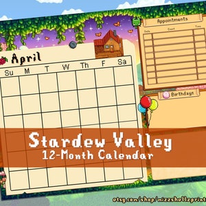 Könnte beinhalten: Ein druckbarer Stardew Valley Kalender mit einem pixeligen Bauernhaus, einem Kalenderrraster für April und Abschnitten für Termine und Geburtstage. Der Kalender ist mit einem lila und rosa Himmel, grünen Blättern und Schmetterlingen verziert.