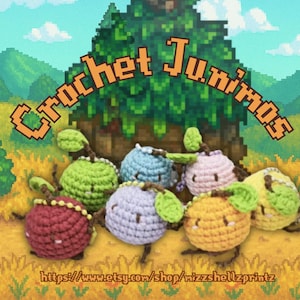 May include: A group of colourful, crocheted Junimos, each with a unique colour and leaf detail. The image features the text "Crochet Junimos" and a shop URL, set against a pixelated landscape background.