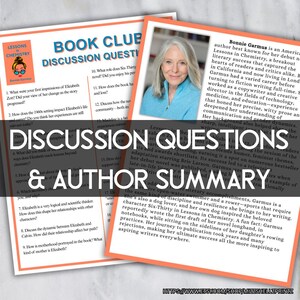 May include: A book club discussion guide and author summary for "Lessons in Chemistry." The image features a photo of the author, Bonnie Garmus, and discussion questions on a light orange background. Text includes the book title and author's name.