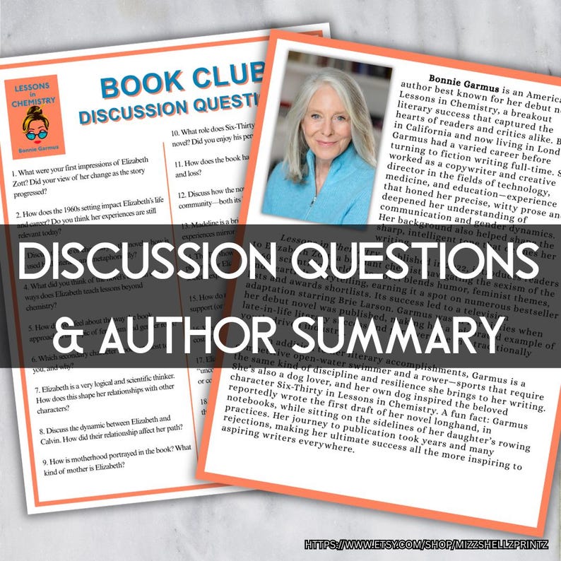 May include: A book club discussion guide and author summary for "Lessons in Chemistry." The image features a photo of the author, Bonnie Garmus, and discussion questions on a light orange background. Text includes the book title and author's name.